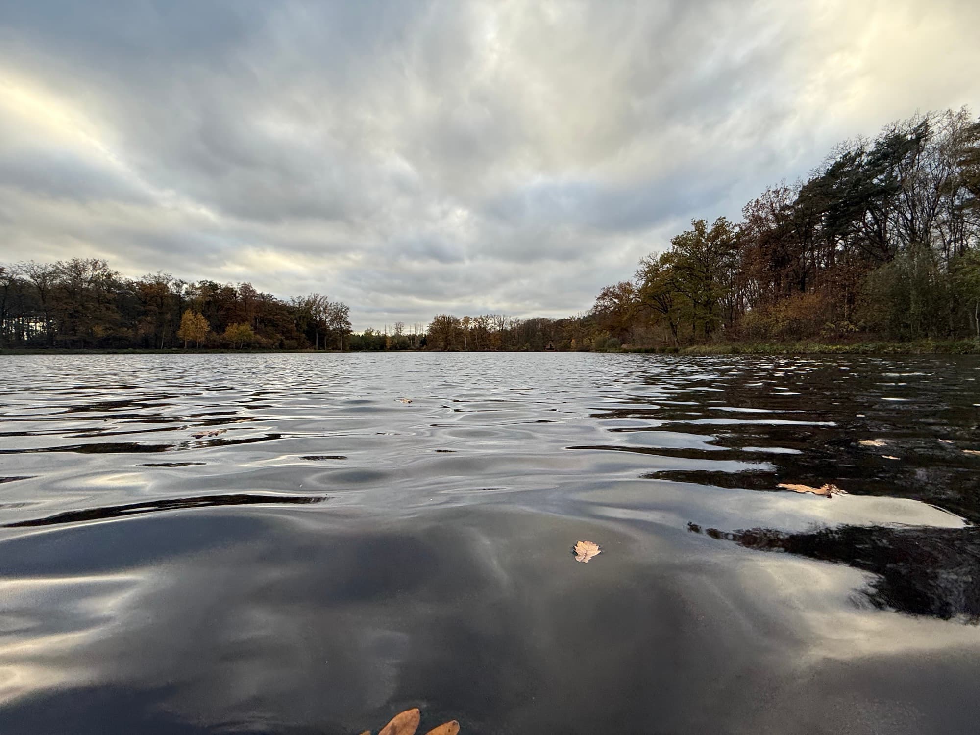 Moody autumn sky over still pond water at De Wijers